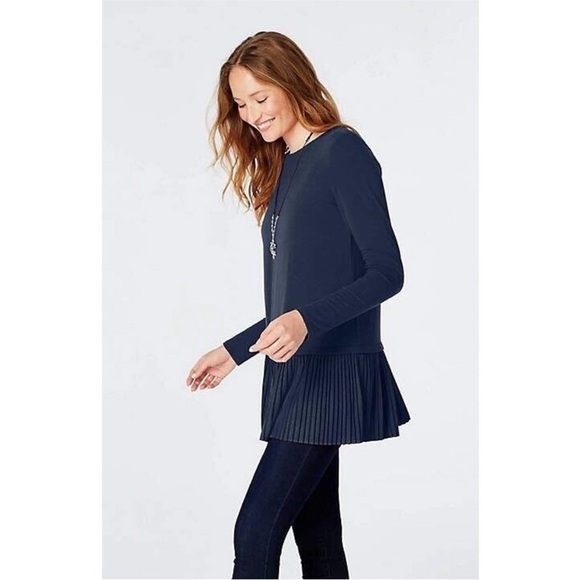 J Jill Long Sleeve Ruffle Pleated Hem Tunic Top Jersey Knit Midnight Navy Blue - Picture 1 of 10